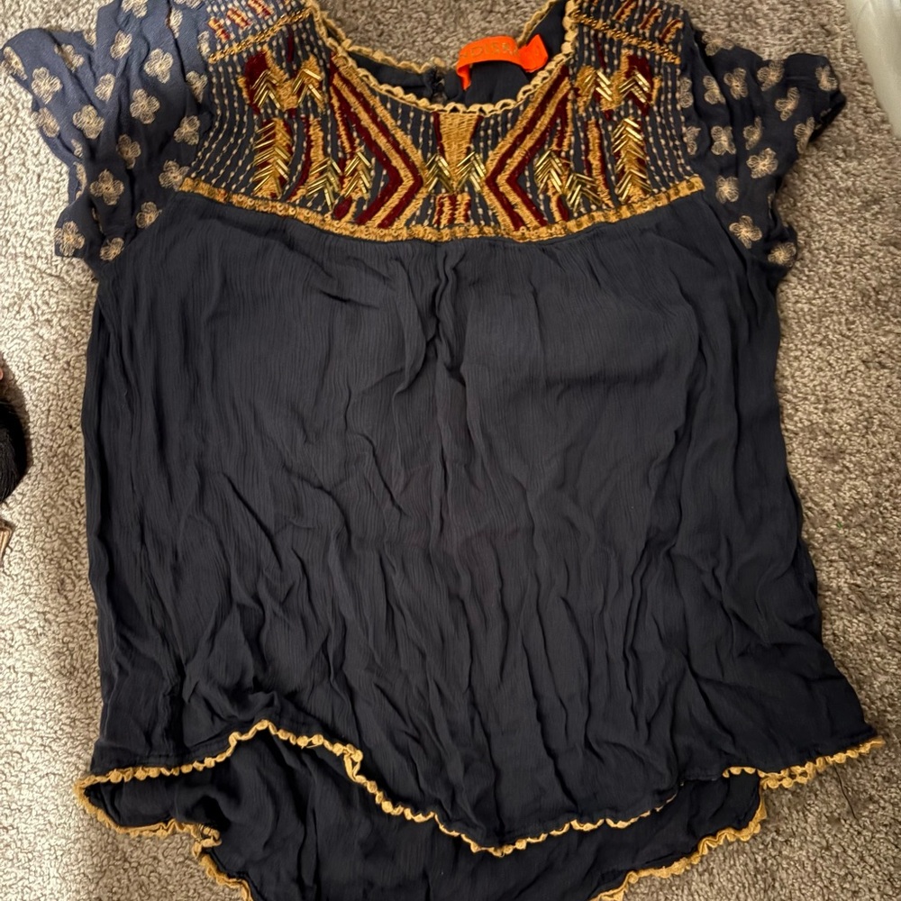 Boho Embroidered Navy Short Sleeve Blouse with Gold Accents